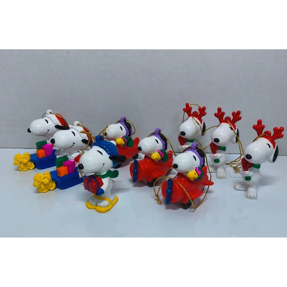 Peanuts Snoopy Woodstock Christmas Ornament Lot 9pc PVC Figures Red Plane Sled